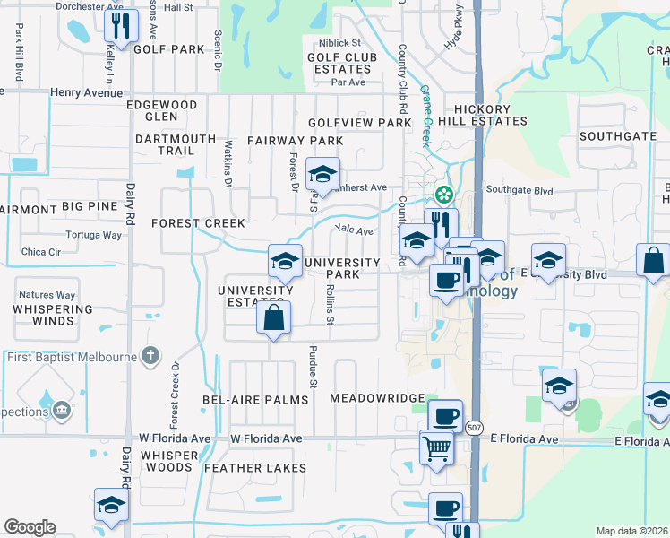 map of restaurants, bars, coffee shops, grocery stores, and more near 317 West University Boulevard in Melbourne