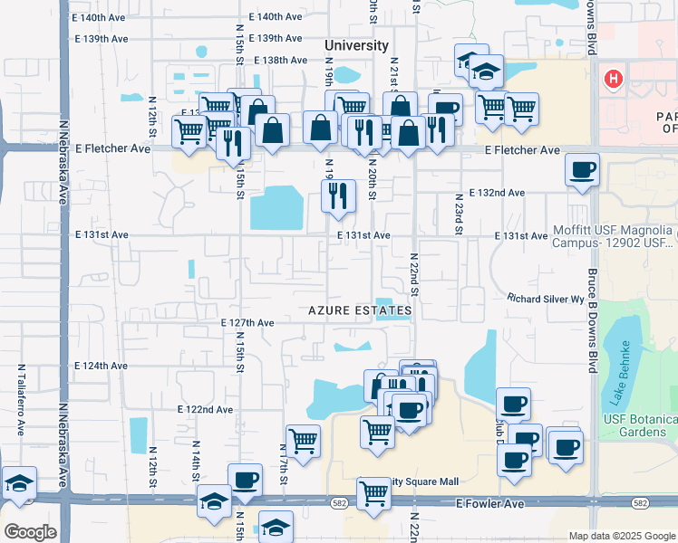 map of restaurants, bars, coffee shops, grocery stores, and more near 12733 North 19th Street in Tampa