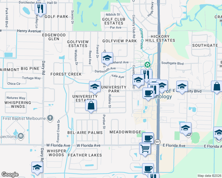 map of restaurants, bars, coffee shops, grocery stores, and more near 317 West University Boulevard in Melbourne