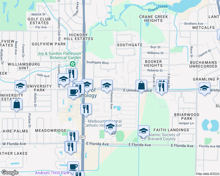 map of restaurants, bars, coffee shops, grocery stores, and more near 155 East University Boulevard in Melbourne