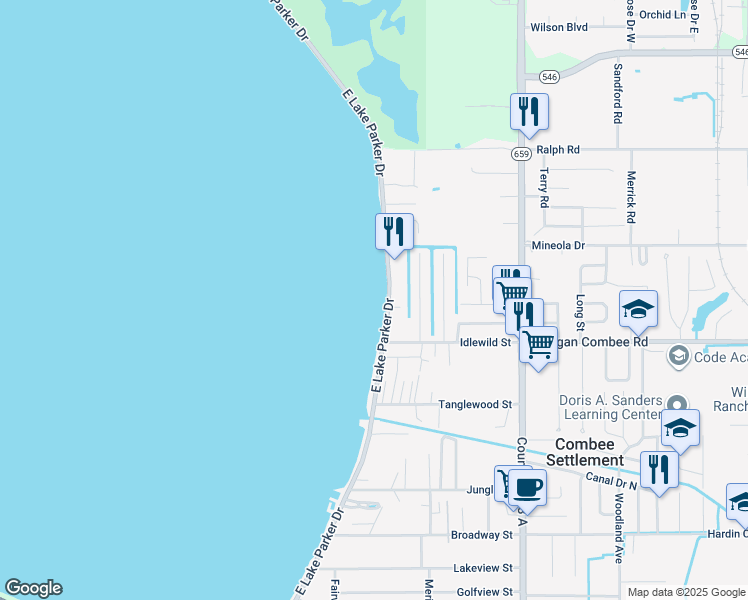 map of restaurants, bars, coffee shops, grocery stores, and more near 1427 East Lake Parker Drive in Lakeland
