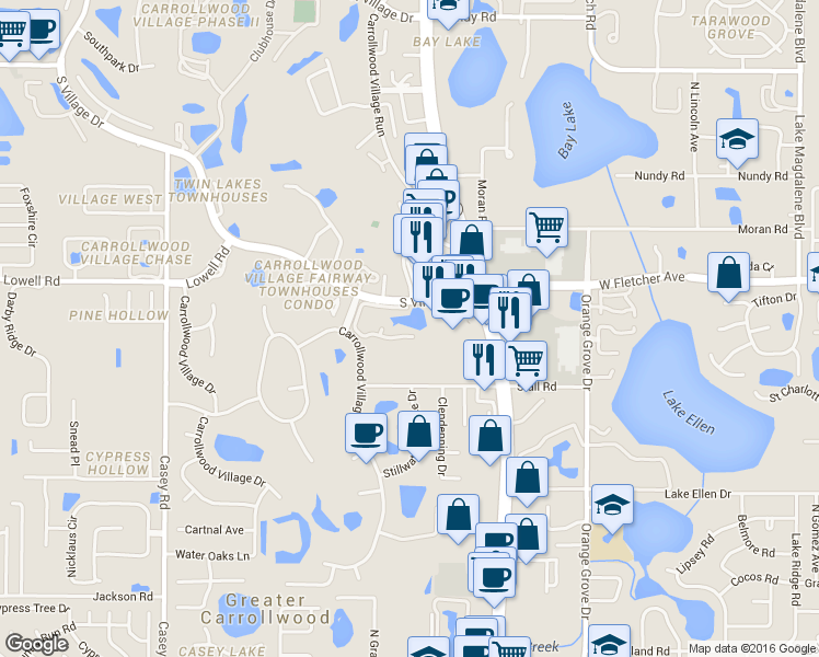 map of restaurants, bars, coffee shops, grocery stores, and more near 4164 Pinelake Lane in Tampa