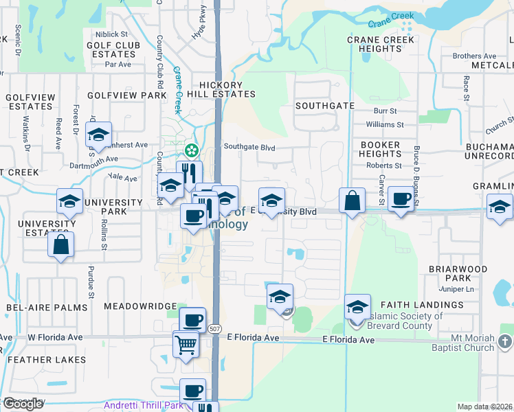 map of restaurants, bars, coffee shops, grocery stores, and more near 151 East University Boulevard in Melbourne