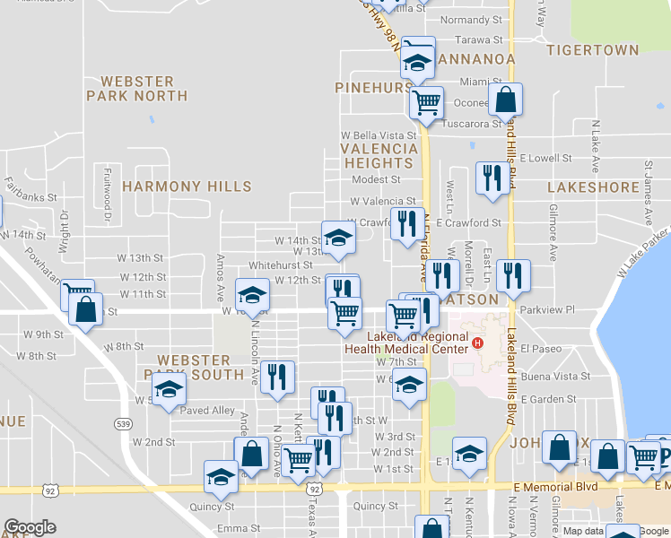 map of restaurants, bars, coffee shops, grocery stores, and more near 506 Whitehurst Street in Lakeland
