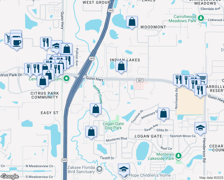 map of restaurants, bars, coffee shops, grocery stores, and more near 6630 Citrus Creek Lane in Tampa