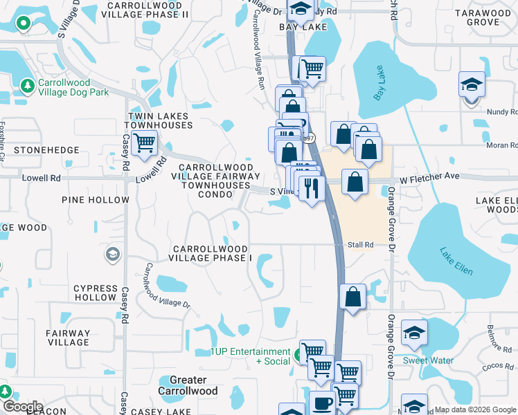 map of restaurants, bars, coffee shops, grocery stores, and more near 13402 Pinelake Way in Tampa