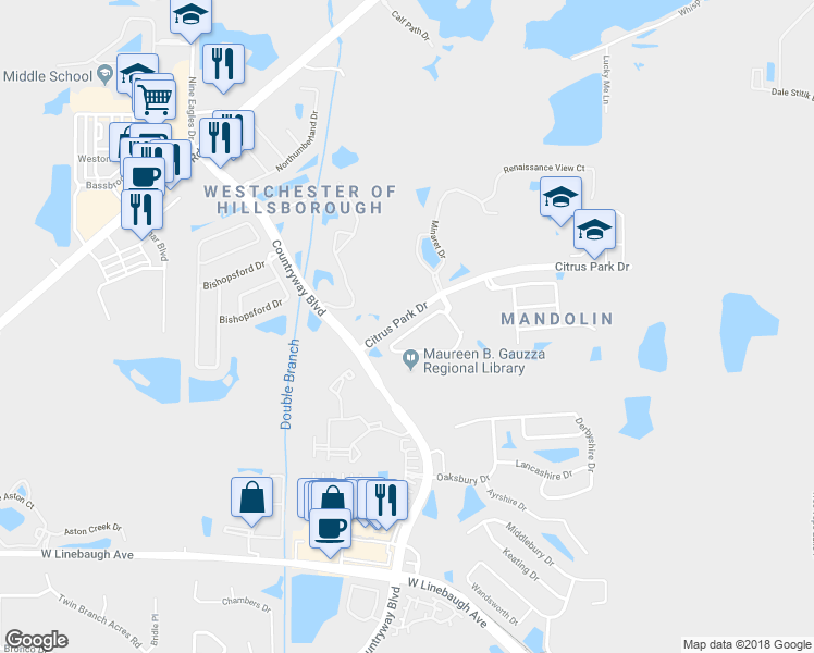 map of restaurants, bars, coffee shops, grocery stores, and more near 11222 Windsor Place Circle in Tampa