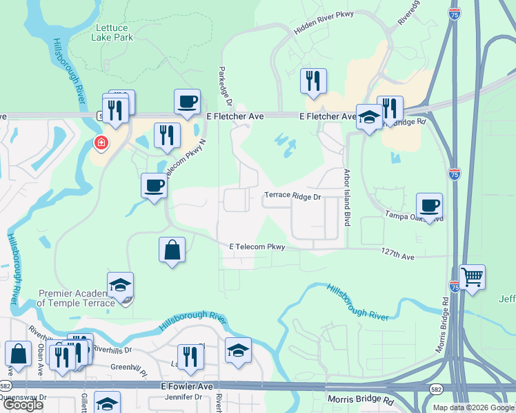map of restaurants, bars, coffee shops, grocery stores, and more near 7924 Terrace Ridge Drive in Temple Terrace