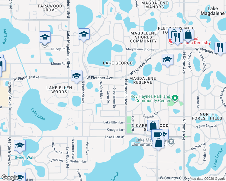 map of restaurants, bars, coffee shops, grocery stores, and more near 12718 Greenmoor Drive in Tampa