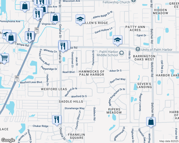 map of restaurants, bars, coffee shops, grocery stores, and more near 1591 Spottswood Circle in Palm Harbor