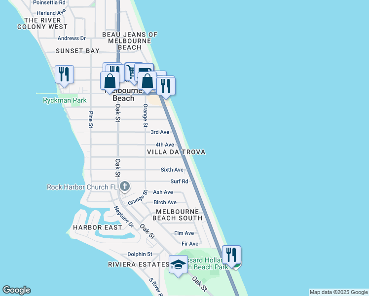 map of restaurants, bars, coffee shops, grocery stores, and more near 1501a Florida A1A in Melbourne Beach