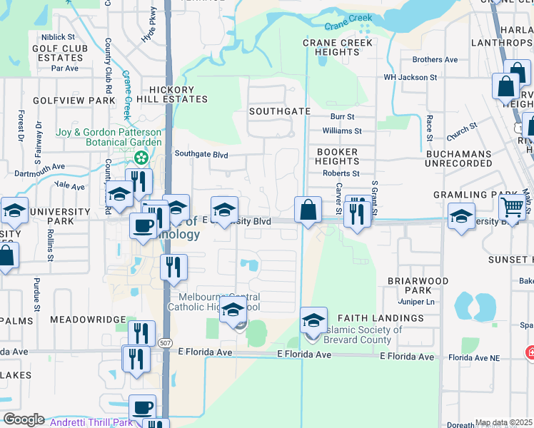 map of restaurants, bars, coffee shops, grocery stores, and more near 325 East University Boulevard in Melbourne