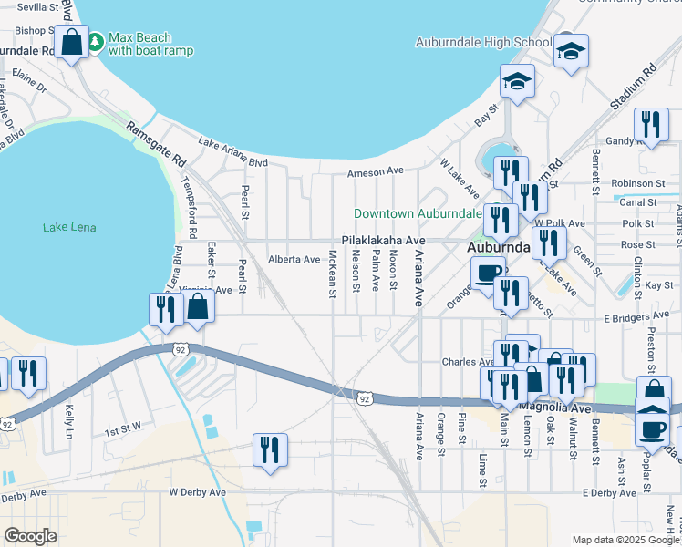 map of restaurants, bars, coffee shops, grocery stores, and more near 227 McKean Street in Auburndale