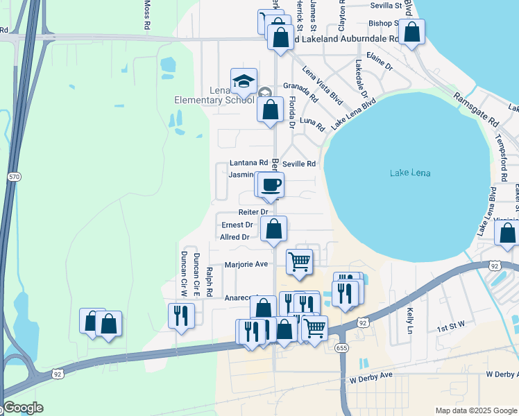 map of restaurants, bars, coffee shops, grocery stores, and more near 3011 Ernest Drive in Auburndale