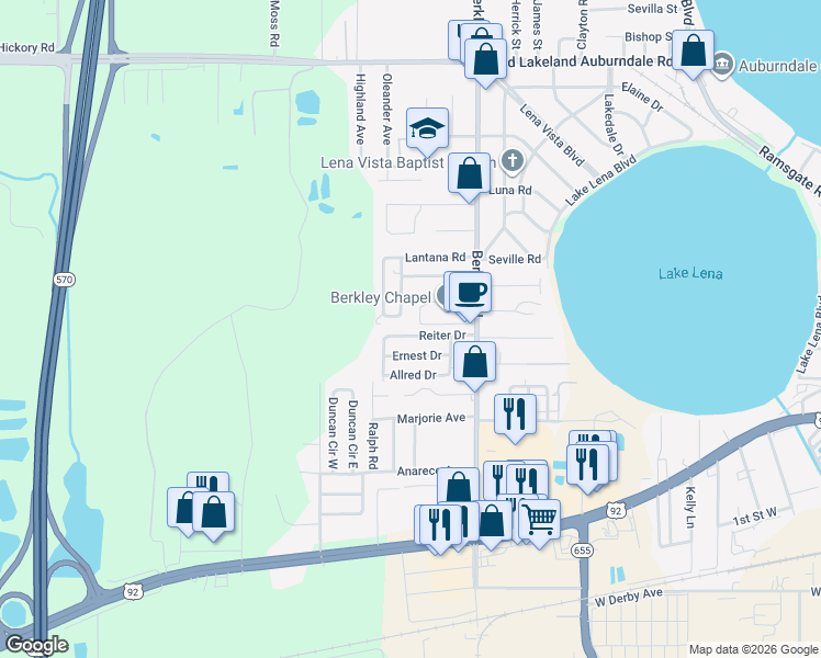 map of restaurants, bars, coffee shops, grocery stores, and more near 3021 Ernest Drive in Auburndale