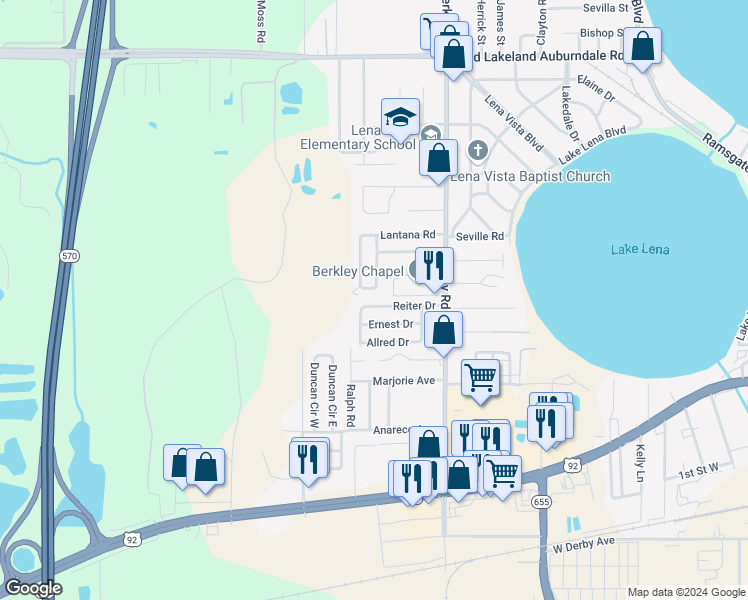 map of restaurants, bars, coffee shops, grocery stores, and more near 3021 Ernest Drive in Auburndale