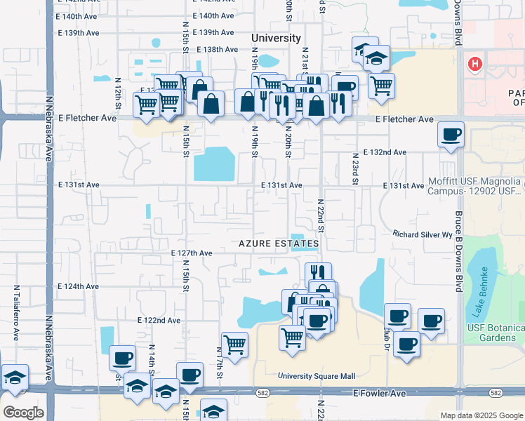 map of restaurants, bars, coffee shops, grocery stores, and more near 12733 North 19th Street in Tampa