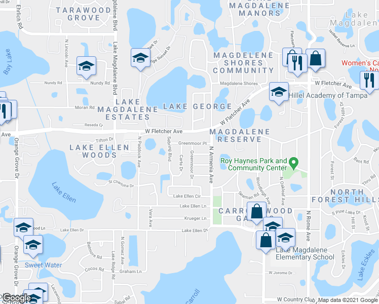 map of restaurants, bars, coffee shops, grocery stores, and more near 12719 Carte Drive in Tampa