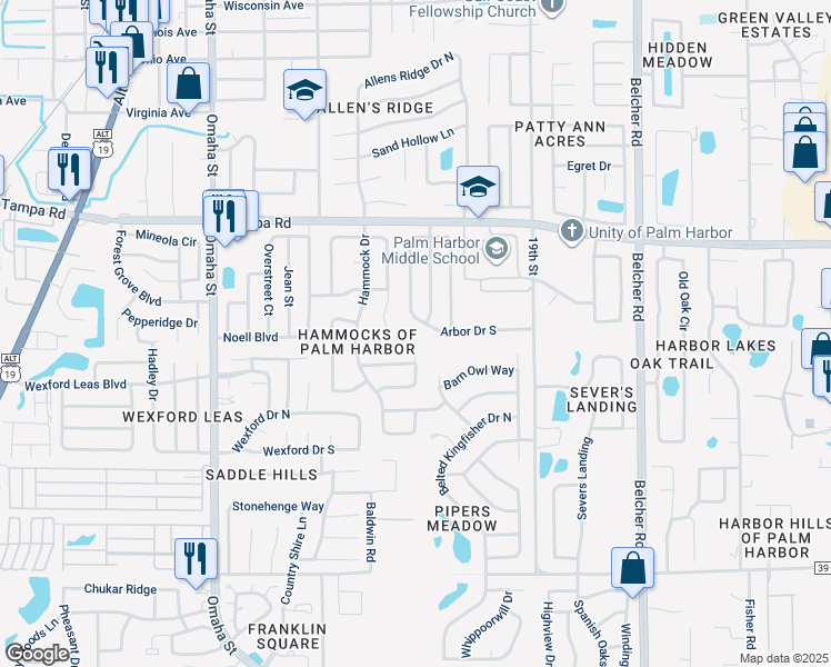 map of restaurants, bars, coffee shops, grocery stores, and more near 1667 Spottswood Circle in Palm Harbor