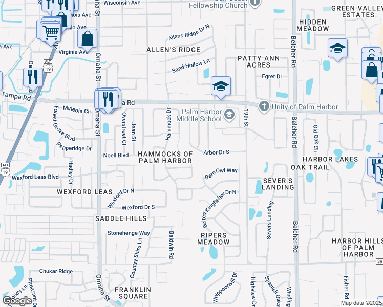 map of restaurants, bars, coffee shops, grocery stores, and more near 1667 Spottswood Circle in Palm Harbor