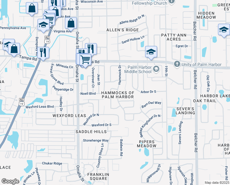 map of restaurants, bars, coffee shops, grocery stores, and more near 1591 Spottswood Circle in Palm Harbor