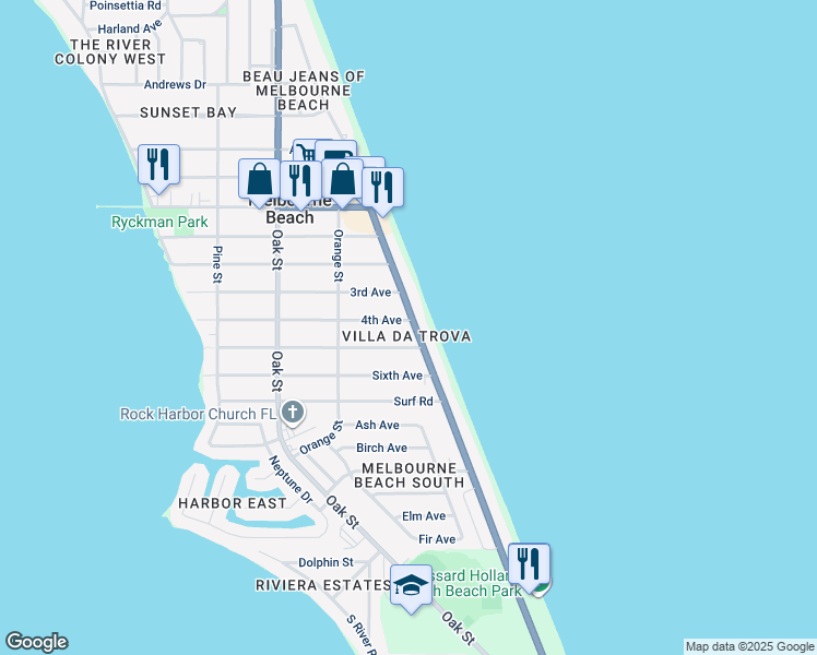 map of restaurants, bars, coffee shops, grocery stores, and more near 1400 Atlantic Street in Melbourne Beach