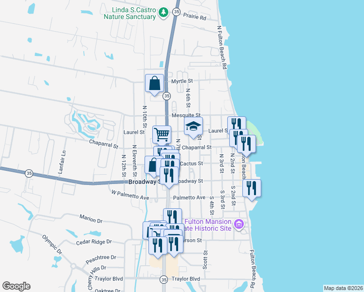 map of restaurants, bars, coffee shops, grocery stores, and more near 211 North 6th Street in Fulton