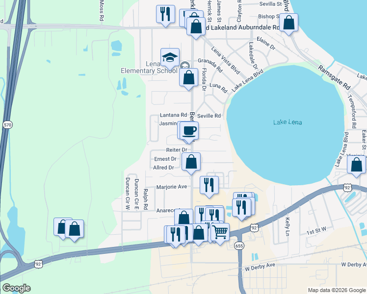 map of restaurants, bars, coffee shops, grocery stores, and more near 3005 Reiter Drive in Auburndale