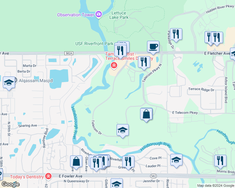 map of restaurants, bars, coffee shops, grocery stores, and more near 13101 Telecom Drive in Temple Terrace