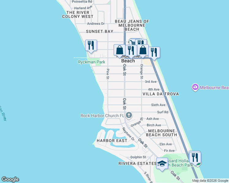 map of restaurants, bars, coffee shops, grocery stores, and more near 411 5th Avenue in Melbourne Beach