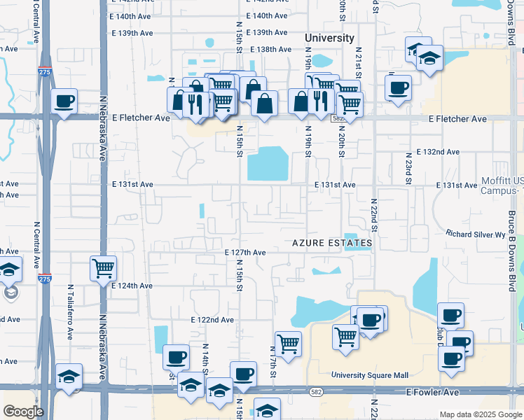 map of restaurants, bars, coffee shops, grocery stores, and more near 13021 Kain Palms Court in Tampa