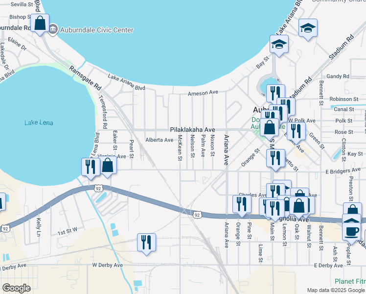 map of restaurants, bars, coffee shops, grocery stores, and more near 227 McKean Street in Auburndale