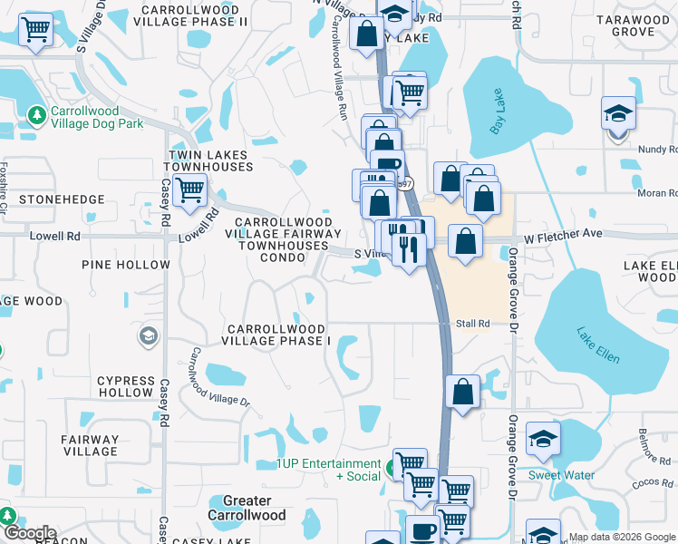 map of restaurants, bars, coffee shops, grocery stores, and more near 13402 Pinelake Way in Tampa