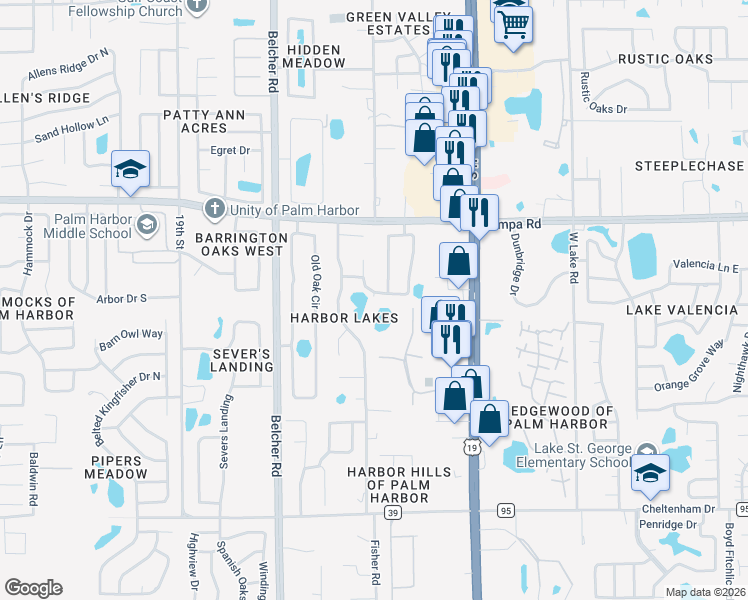 map of restaurants, bars, coffee shops, grocery stores, and more near 400 Lakeview Terrace in Palm Harbor