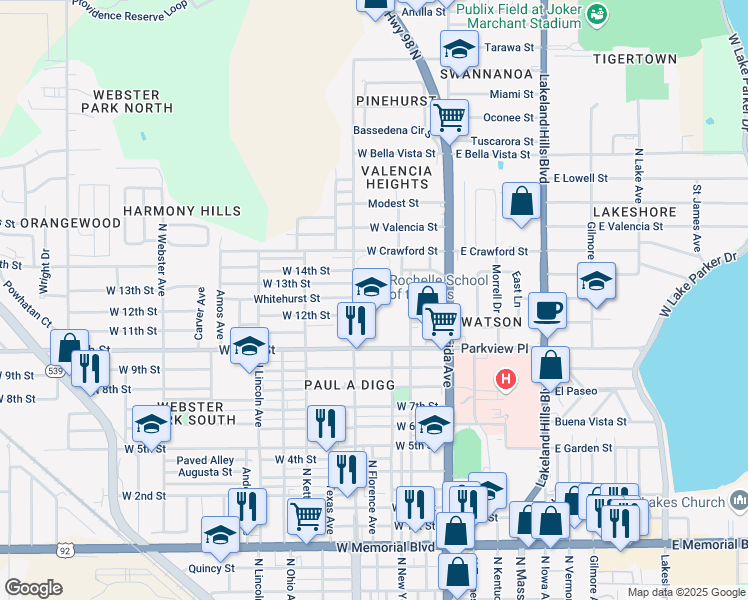 map of restaurants, bars, coffee shops, grocery stores, and more near 1501 Martin L King Junior Avenue in Lakeland