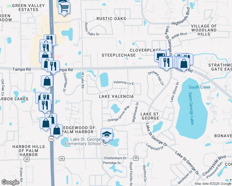 map of restaurants, bars, coffee shops, grocery stores, and more near 2981 Tangerine Terrace in Palm Harbor