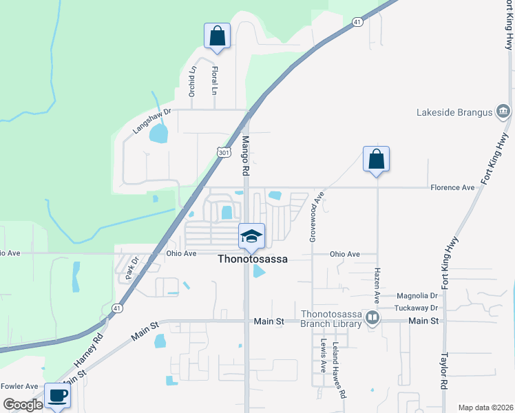 map of restaurants, bars, coffee shops, grocery stores, and more near 1045-1055 Florence Ave in Thonotosassa