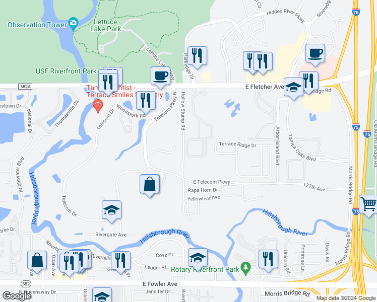map of restaurants, bars, coffee shops, grocery stores, and more near 12904 Sanctuary Cove Drive in Temple Terrace