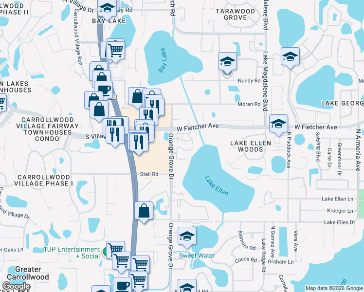 map of restaurants, bars, coffee shops, grocery stores, and more near 13012 Lorna Place in Tampa