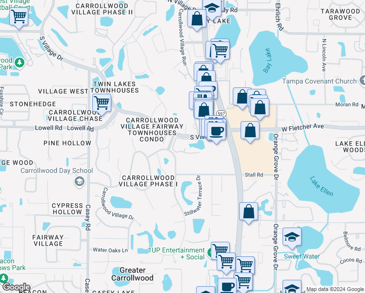 map of restaurants, bars, coffee shops, grocery stores, and more near 4126 Pinelake Lane in Tampa