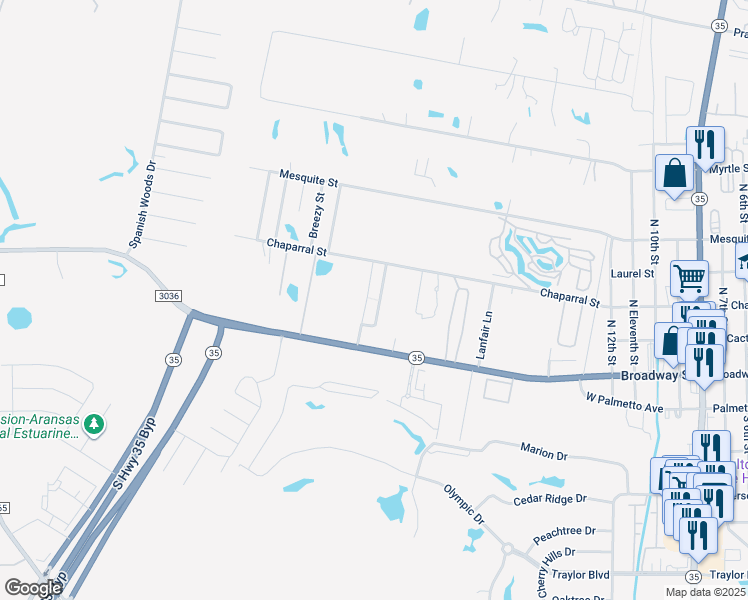 map of restaurants, bars, coffee shops, grocery stores, and more near 2002 Chaparral Street in Rockport