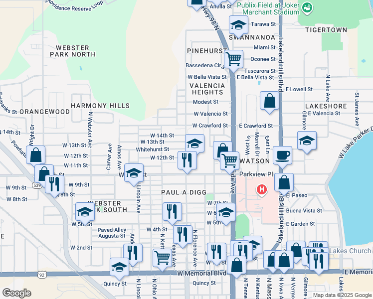map of restaurants, bars, coffee shops, grocery stores, and more near 1501 Martin L King Junior Avenue in Lakeland