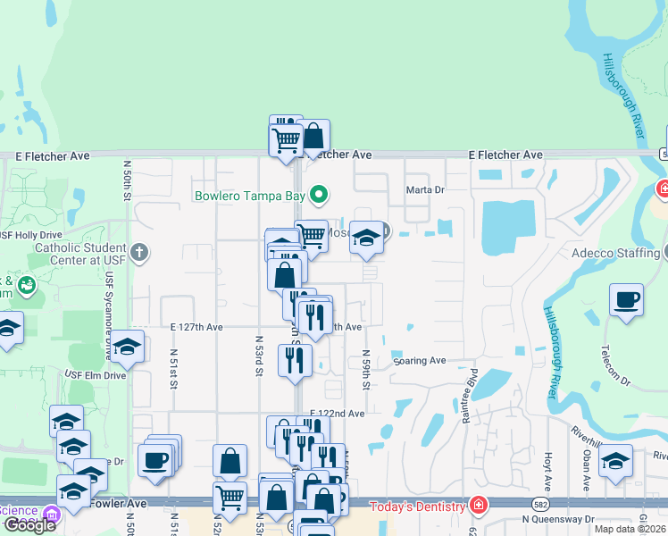map of restaurants, bars, coffee shops, grocery stores, and more near 5619 East 130th Avenue in Tampa