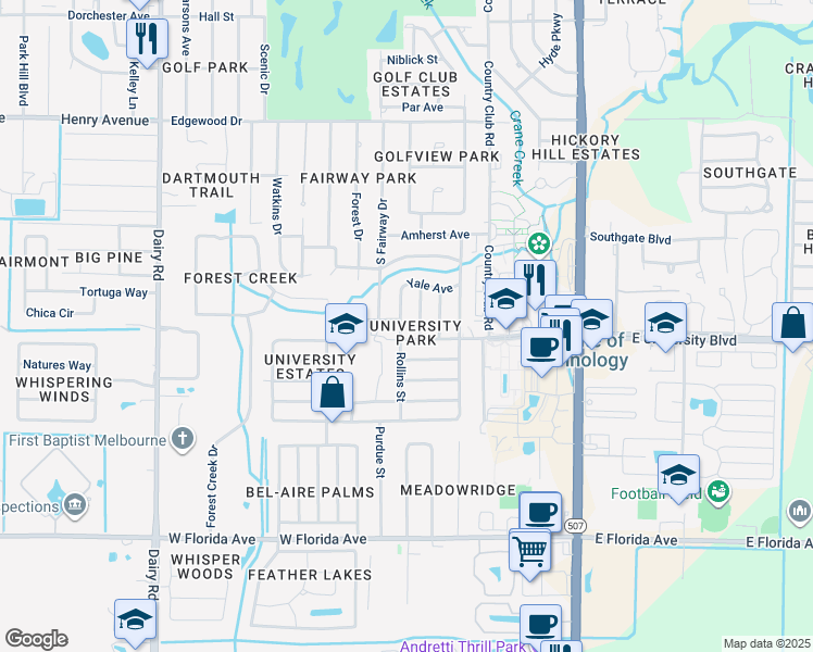 map of restaurants, bars, coffee shops, grocery stores, and more near 2908 Emory Street in Melbourne
