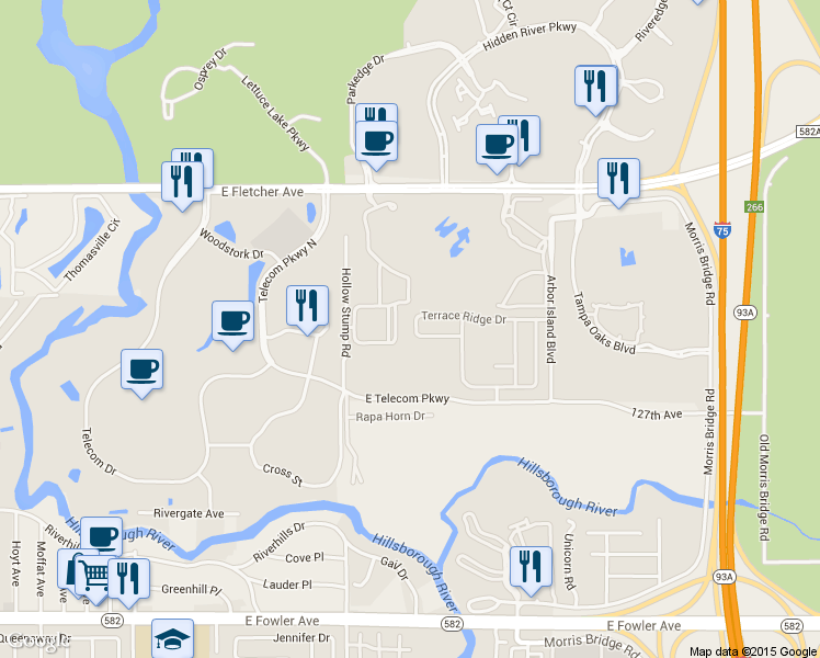 map of restaurants, bars, coffee shops, grocery stores, and more near 7928 Terrace Ridge Drive in Tampa