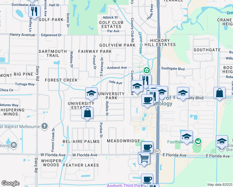 map of restaurants, bars, coffee shops, grocery stores, and more near 2905 Stetson Street in Melbourne