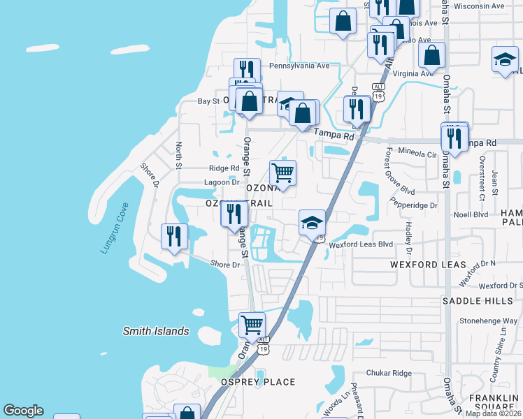 map of restaurants, bars, coffee shops, grocery stores, and more near 576 Vista Trail Court in Palm Harbor
