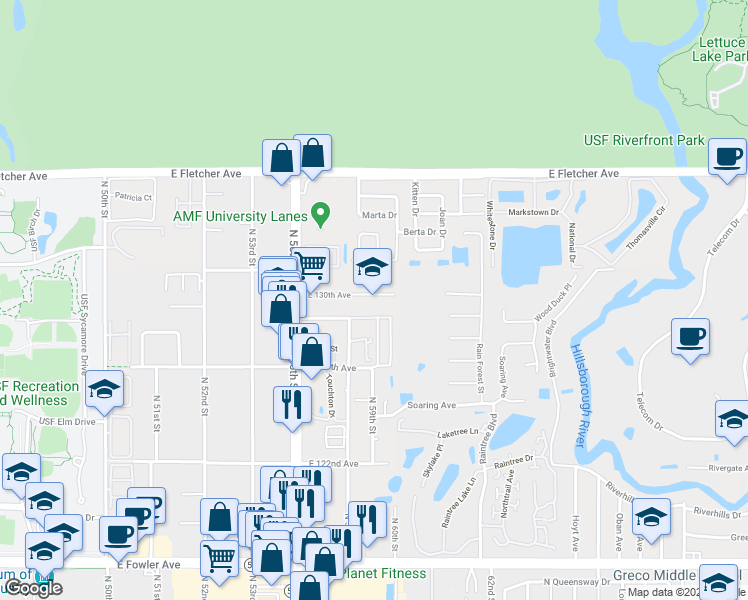 map of restaurants, bars, coffee shops, grocery stores, and more near 5905 East 130th Avenue in Tampa