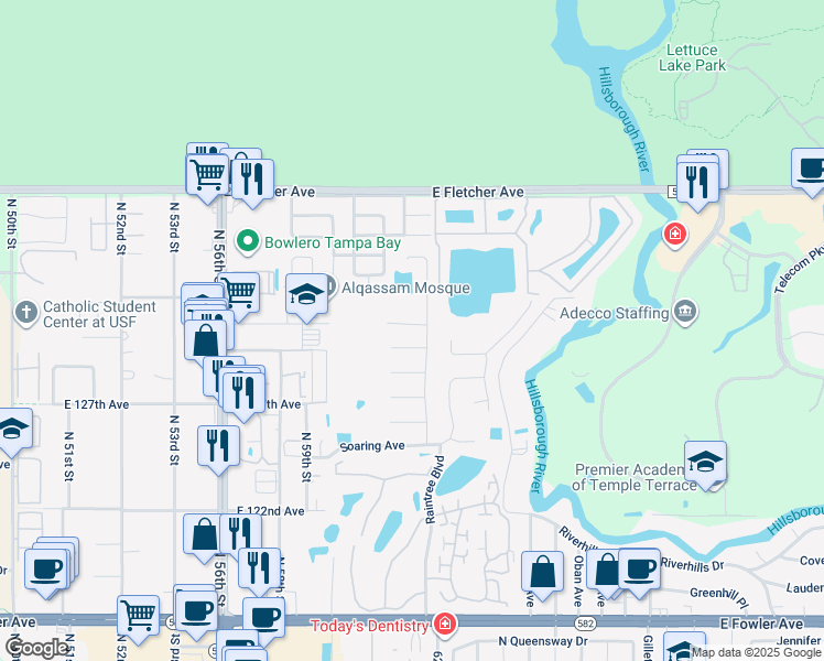 map of restaurants, bars, coffee shops, grocery stores, and more near 6109 East 130th Avenue in Tampa