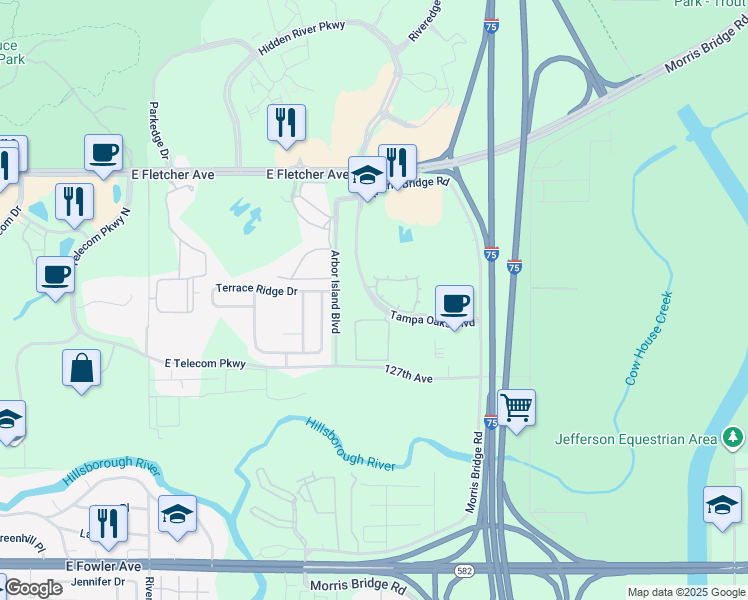 map of restaurants, bars, coffee shops, grocery stores, and more near 13052 Tampa Oaks Boulevard in Temple Terrace